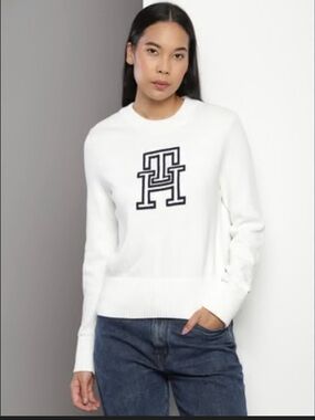 Tommy Hilfiger White Crewneck Sweater with Navy Logo  L
